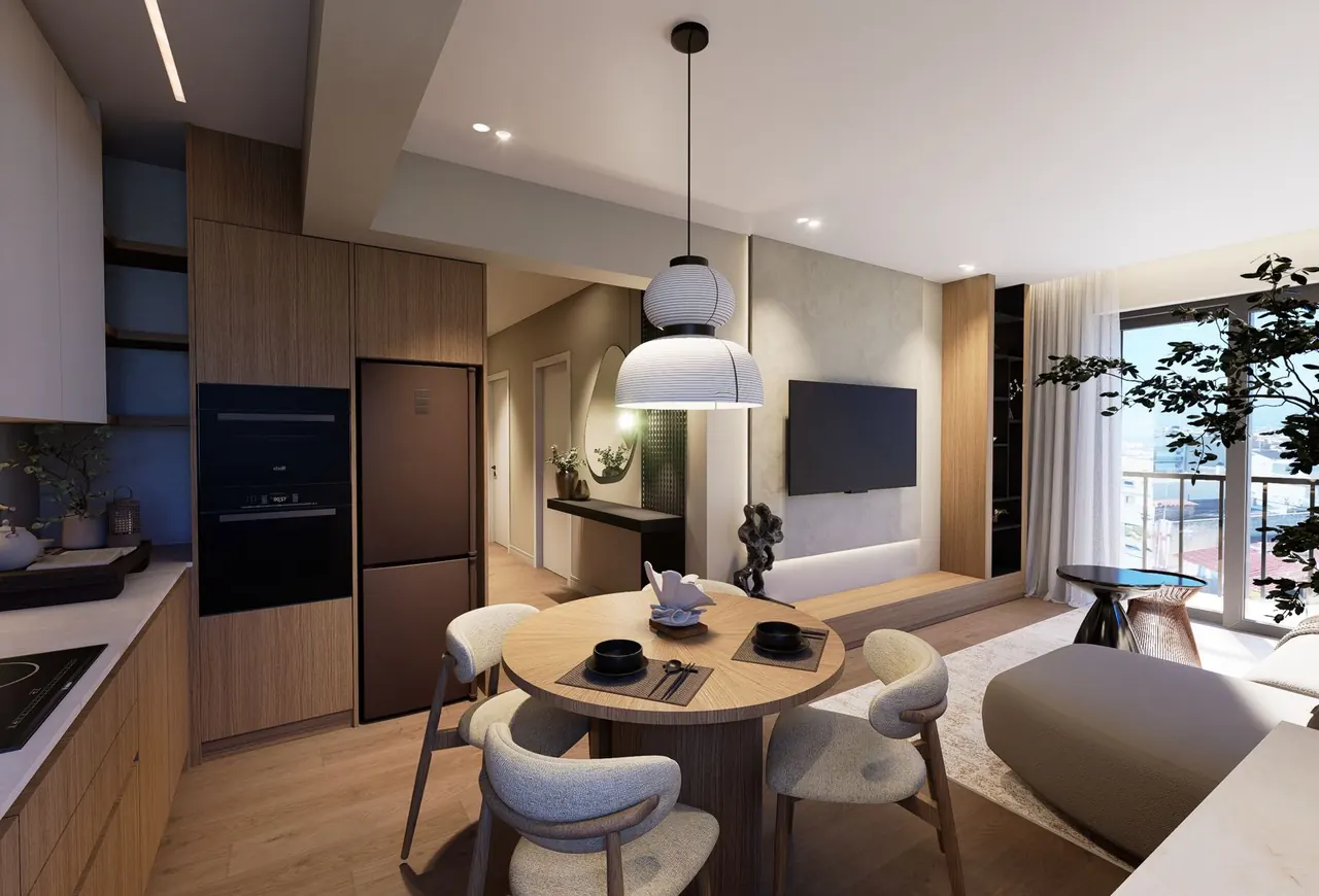 Concept render of the two-bedroom residence B2: living room seen from the kitchen corner, round oak table, white sofa and balcony window