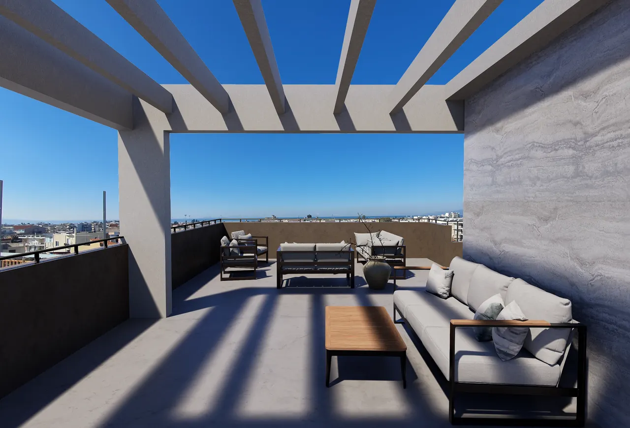 Concept render of the roof garden under a white pergola, with a lounge sofa and a view over the Patras rooftops to the sea